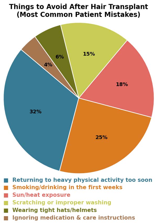 Things to Avoid After Hair Transplant: What Not to Do for Better Results 2 A pie chart showing the most common mistakes people make after a hair transplant, with color-coded explanations underneath.