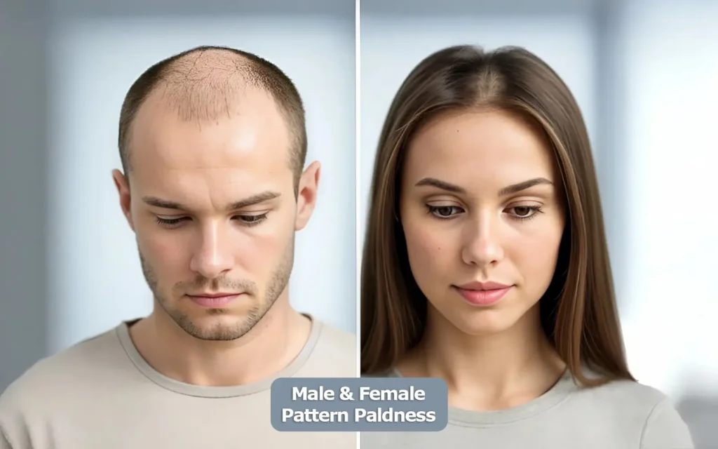 Man with crown thinning beside a woman with a widening part, comparing male and female pattern baldness