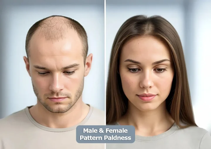 Comparison of male and female pattern baldness showing typical hair loss patterns in men and women