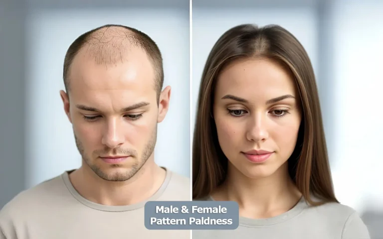 Comparison of male and female pattern baldness showing typical hair loss patterns in men and women