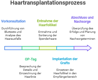 Grafische Veranschaulichung des Ablaufs einer Haartransplantation