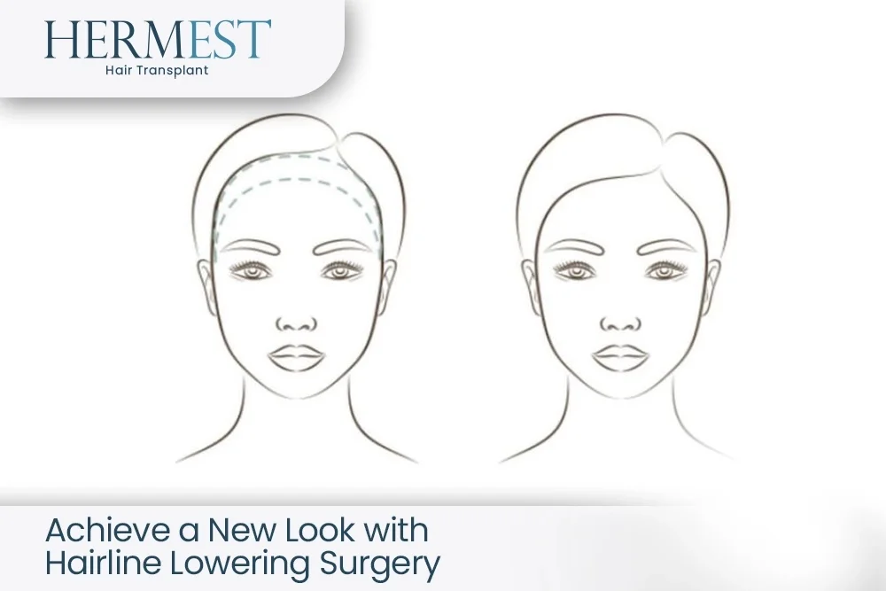Illustration of a woman before and after hairline lowering surgery, showing a shorter forehead