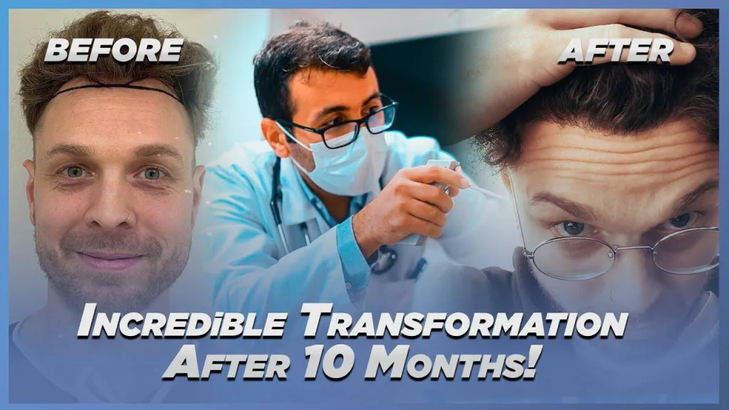 Before and after hair transplant in Turkey showing a patient's transformation after 10 months