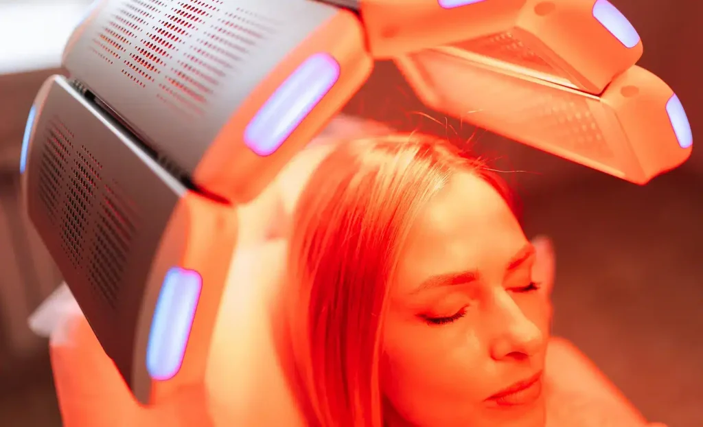 Woman lying under a red light therapy panel device during a treatment session for hair loss
