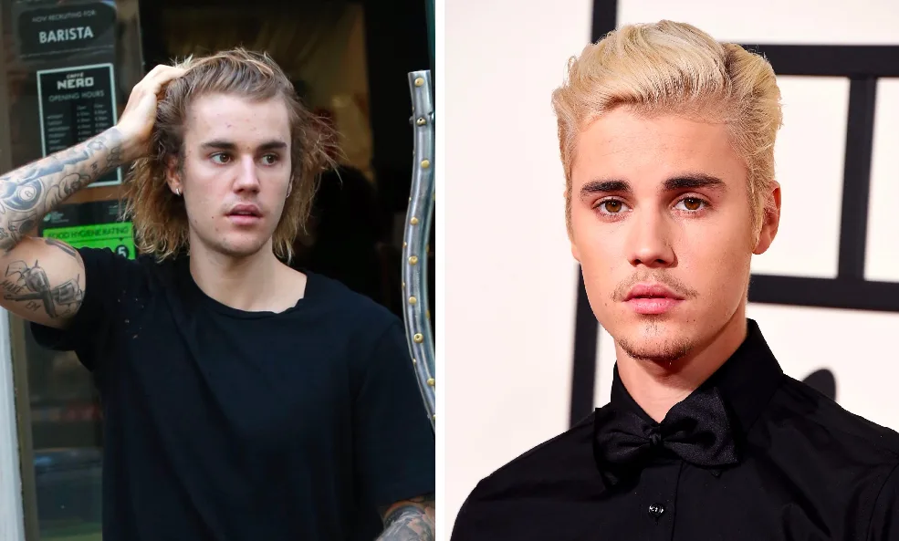 Justin Bieber with long messy hair and later short bleached blond hair, showing his hair evolution