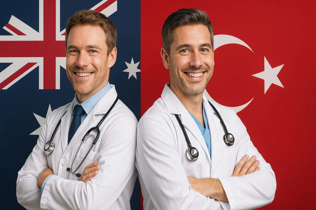 Two doctors in front of Australian and Turkish flags, representing hair transplant in Australia vs Turkey