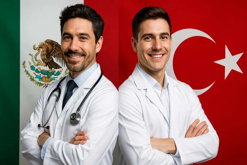 Two doctors in white coats in front of Mexican and Turkish flags, comparing hair transplants in Mexico vs Turkey