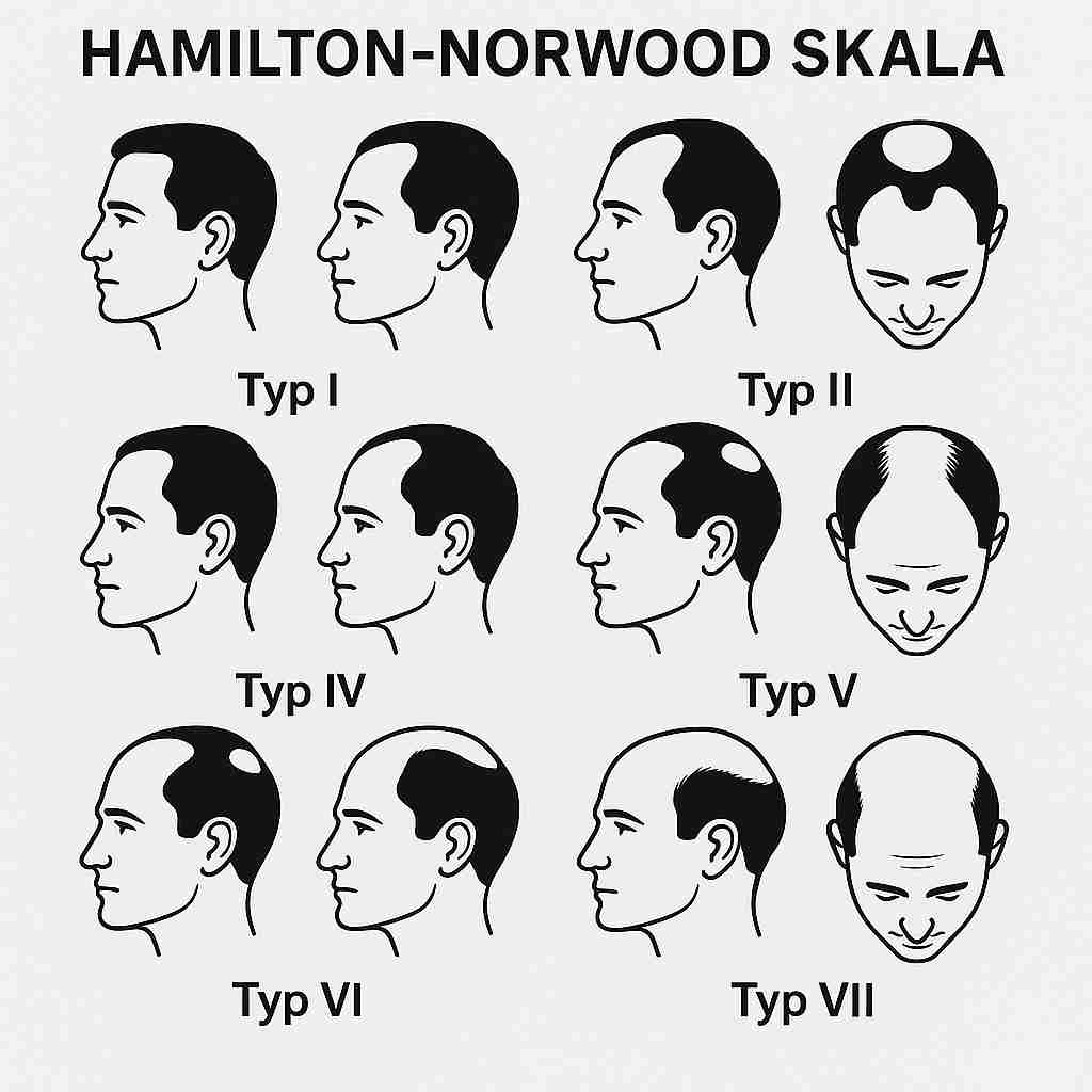 Hamilton Norwood Schema – Haarausfall entschlüsselt 2 Diagramm der Hamilton-Norwood-Skala zur Klassifikation des männlichen Haarausfalls, dargestellt in einer 3x3 Rastergrafik.