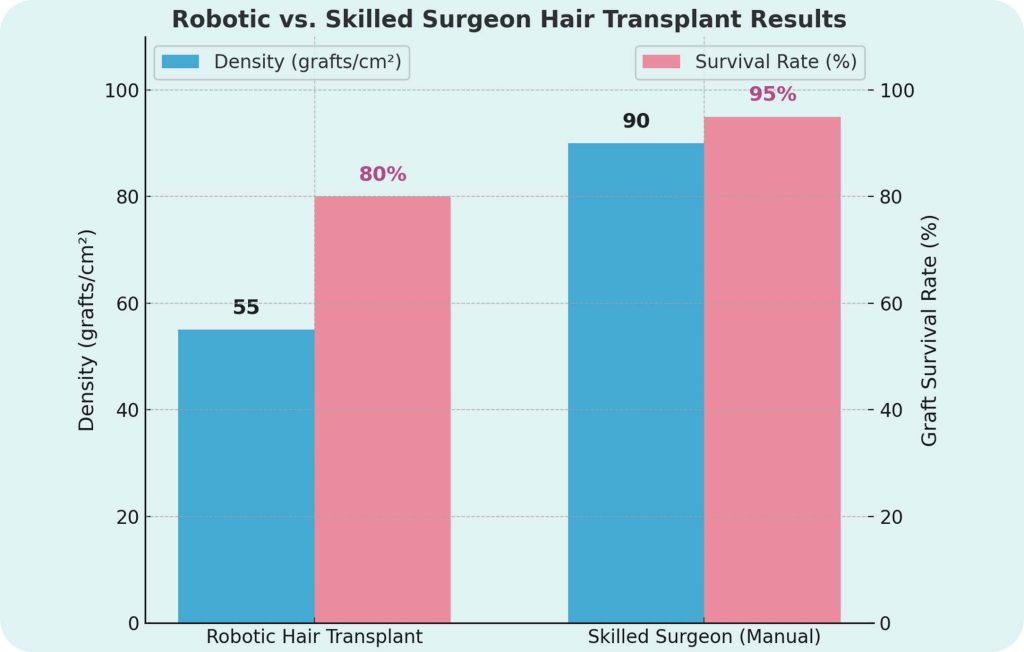 Robotic Hair Transplant in Turkey: Is the Hype Real or Just Marketing 2 Bar chart comparing robotic and skilled surgeon hair transplants: surgeons achieve higher density (90 vs 55 grafts/cm²) and better survival rate (95% vs 80%).