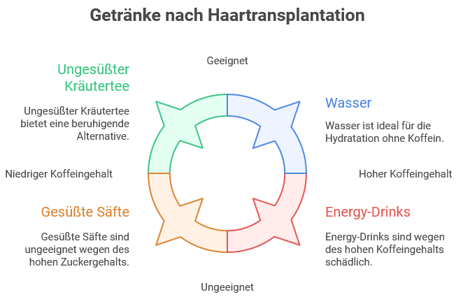 Kaffee nach Haartransplantation: Ist das gesund? 2 Grafik mit dem Titel „Getränke nach Haartransplantation“. In einem Kreisdiagramm werden vier Getränkekategorien farblich dargestellt:– Wasser (blau): Geeignet – Ideal zur Hydration ohne Koffein. – Ungesüßter Kräutertee (grün): Geeignet – Beruhigende Alternative mit niedrigem Koffeingehalt. – Gesüßte Säfte (orange): Ungeeignet – Hoher Zuckergehalt. – Energy-Drinks (rot): Ungeeignet – Schädlich durch hohen Koffeingehalt. Die Kategorien „geeignet“ und „ungeeignet“ sind ebenfalls im Kreis markiert.
