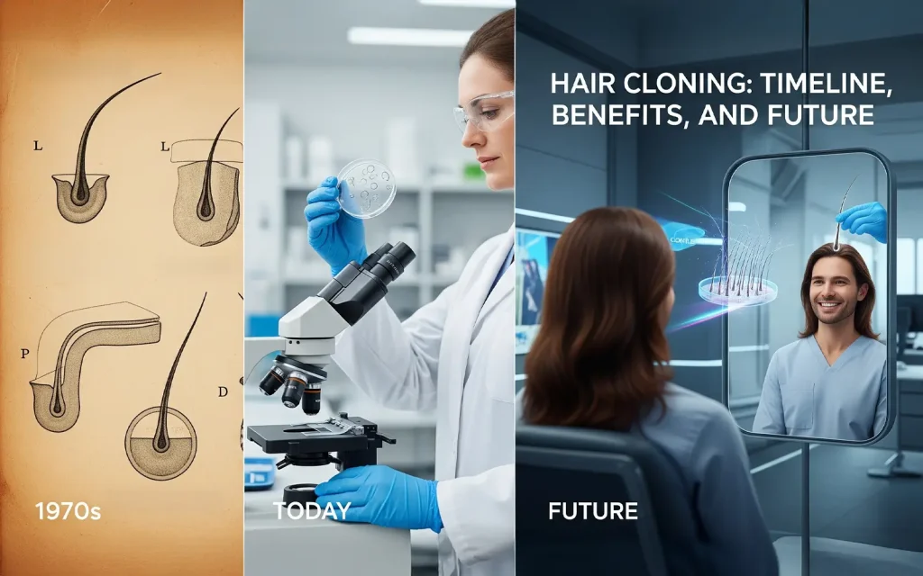 Illustration showing the hair cloning process in three steps: cell extraction, follicle multiplication, and implantation