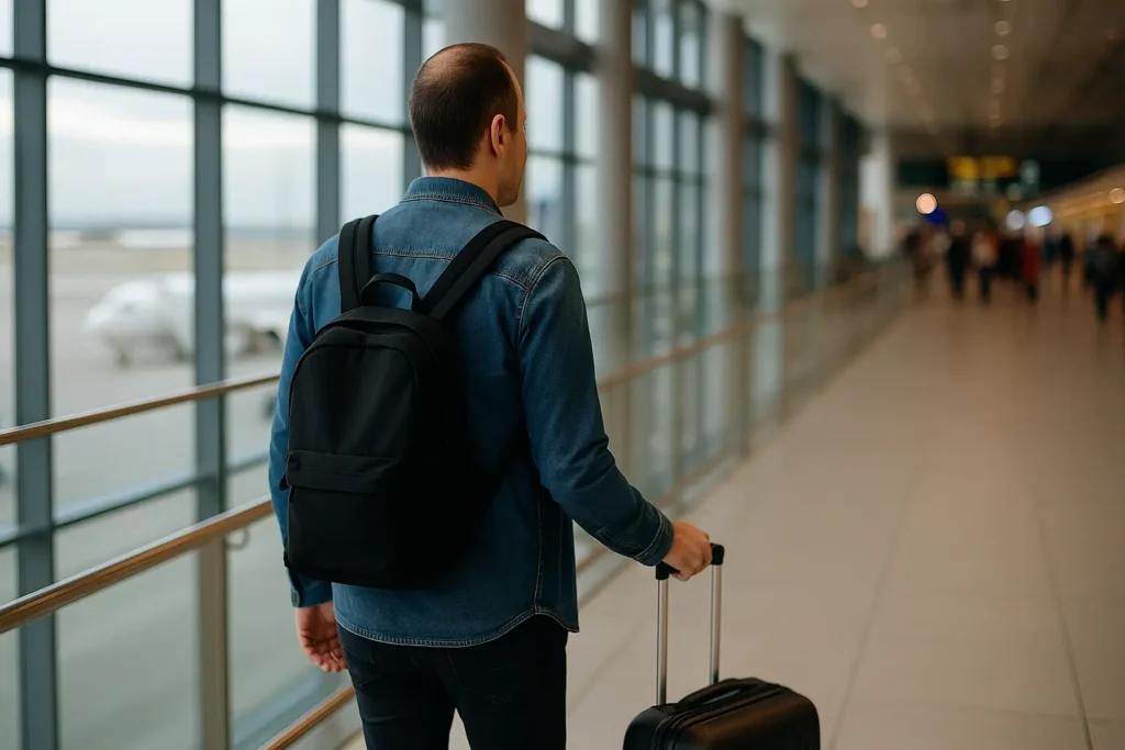 Traveller with a backpack and suitcase walking through an airport terminal, arriving for a hair transplant in Turkey