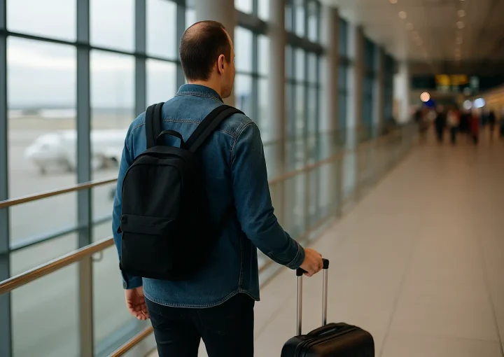 Traveler at a Turkish airport looking thoughtful and concerned about safety