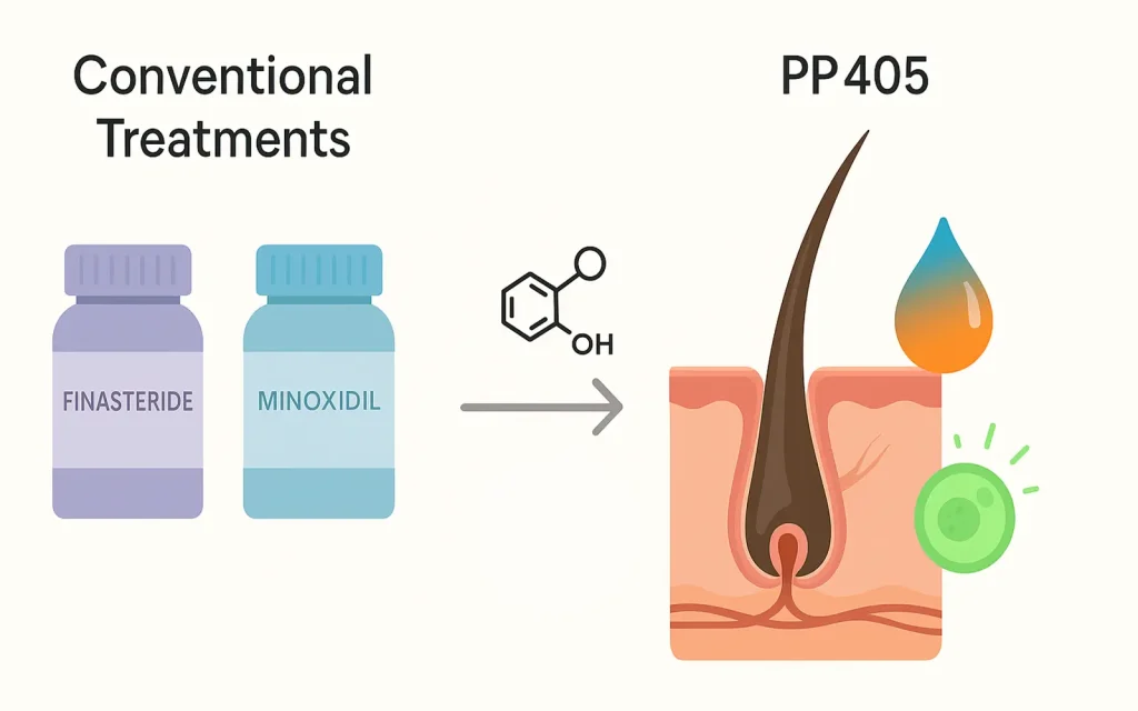 Illustration comparing conventional hair loss treatments like finasteride and minoxidil with the new PP405 therapy for hair follicle regeneration