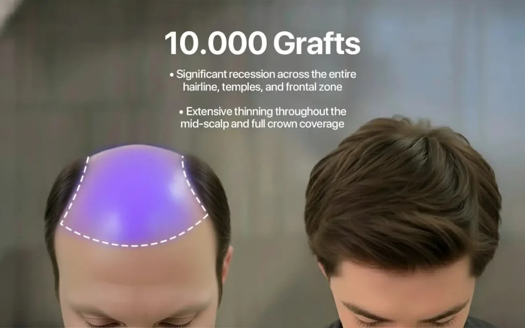 Illustration of a large bald area needing 10,000 grafts next to the restored, full-hair result after transplantation