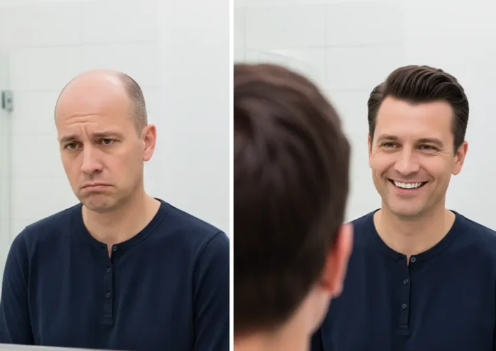 Representative before and after illustration showing the difference in hair coverage after 8000 grafts transplanted