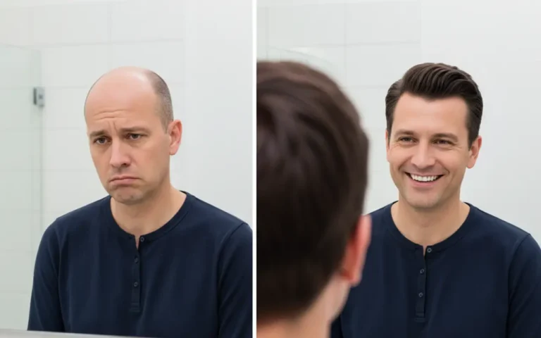 Representative before and after illustration showing the difference in hair coverage after 8000 grafts transplanted