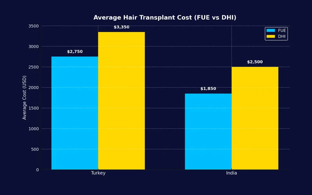 Average hair transplant cost comparison chart between India and Turkey for similar graft amounts and techniques