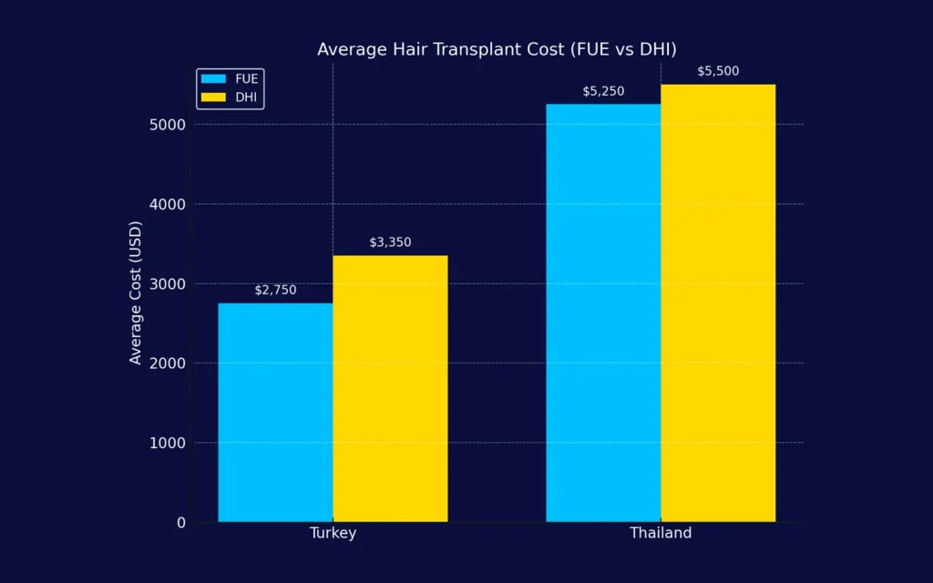 Bar chart of average FUE and DHI costs: Turkey $2,750–$3,350 versus Thailand $5,250–$5,500