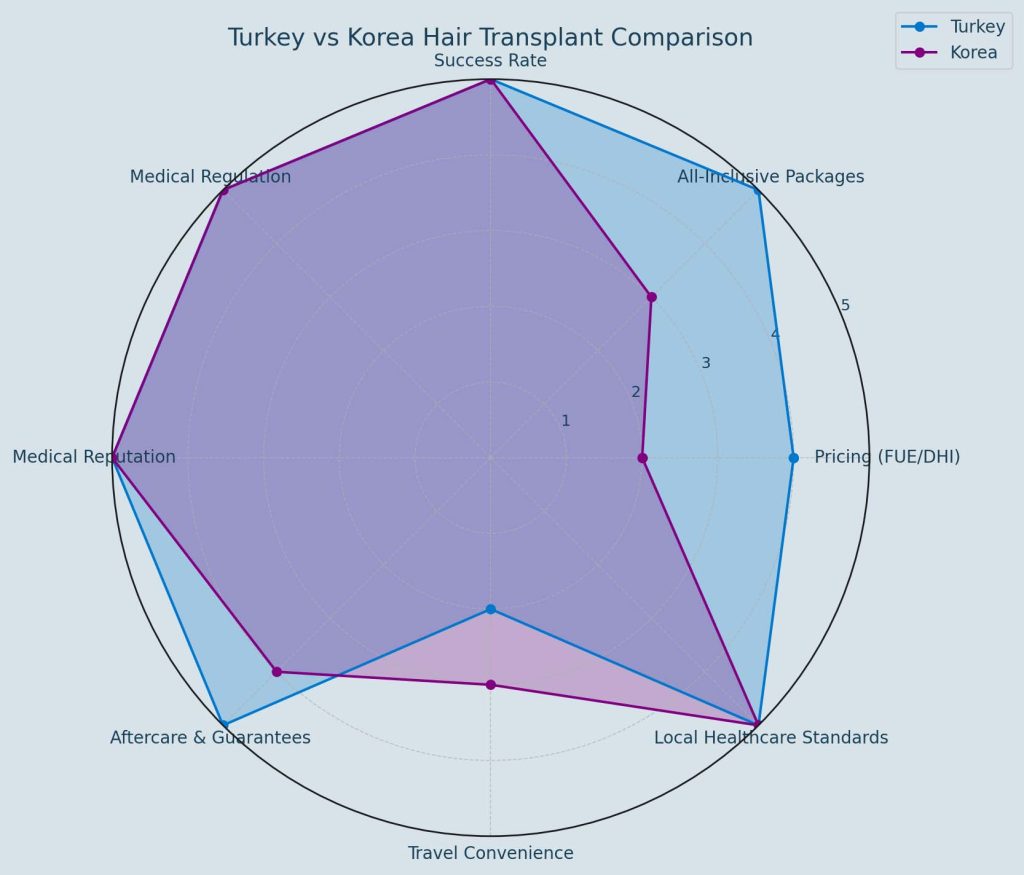 Comparison of hair transplant procedures in Turkey and South Korea, highlighting differences in techniques, pricing, and clinic standards