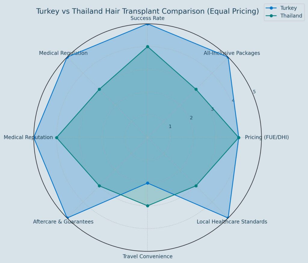 Radar chart comparing Turkey and Thailand on hair transplant success, packages, aftercare and travel