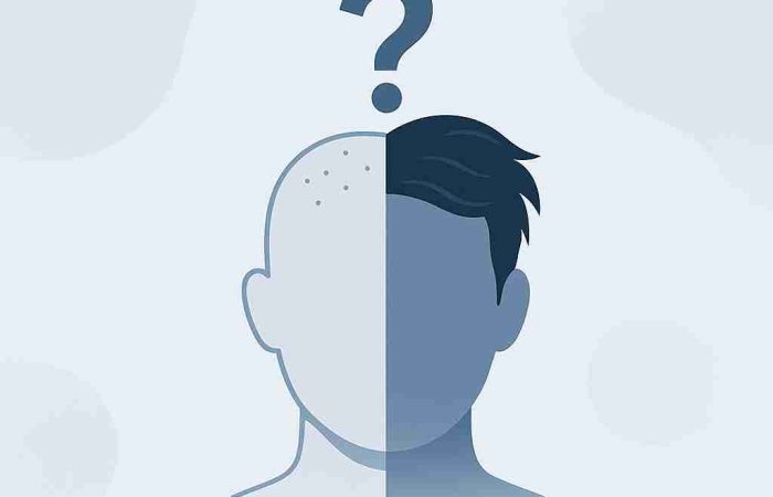 Können transplantierte Haare wieder ausfallen? Experten klären auf 11 Illustration eines Kopfes, zur Hälfte kahl und zur Hälfte mit vollem Haar, über dem ein Fragezeichen schwebt – visuelle Darstellung der Frage: Können transplantierte Haare wieder ausfallen?