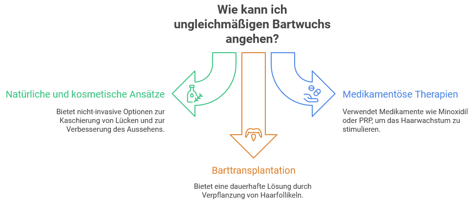 Infografik mit dem Titel ‚Wie kann ich ungleichmäßigen Bartwuchs angehen?‘.