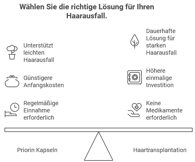 Infografik zum Vergleich von Priorin-Kapseln und Haartransplantation bei Haarausfall. Links Priorin Kapseln: unterstützt leichten Haarausfall, günstigere Anfangskosten, regelmäßige Einnahme erforderlich. Rechts Haartransplantation: dauerhafte Lösung für starken Haarausfall, höhere einmalige Investition, keine Medikamente erforderlich. Überschrift: ‚Wählen Sie die richtige Lösung für Ihren Haarausfall.‘ Unten eine Waage mit den beiden Optionen.