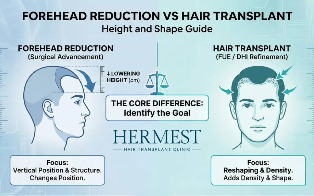 Infographic contrasting forehead reduction, which lowers the hairline, with a hair transplant that adds density