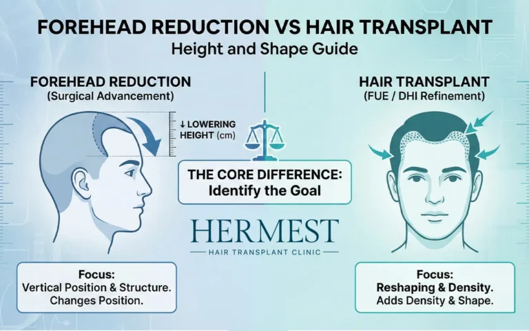 Comparison between forehead reduction surgery and hair transplant, showing differences in hairline height, shape, and aesthetic outcomes