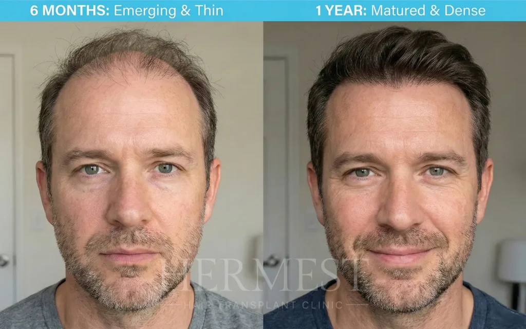 Same man 6 months after a hair transplant with thin growth and at 1 year with dense, mature hair
