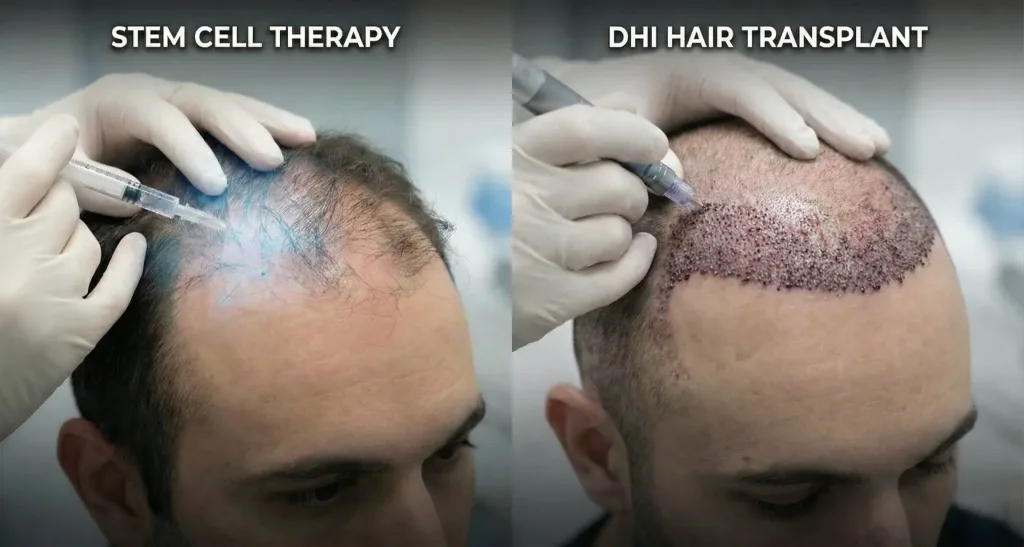 Stem cell therapy injection compared with a DHI hair transplant on the hairline, side by side