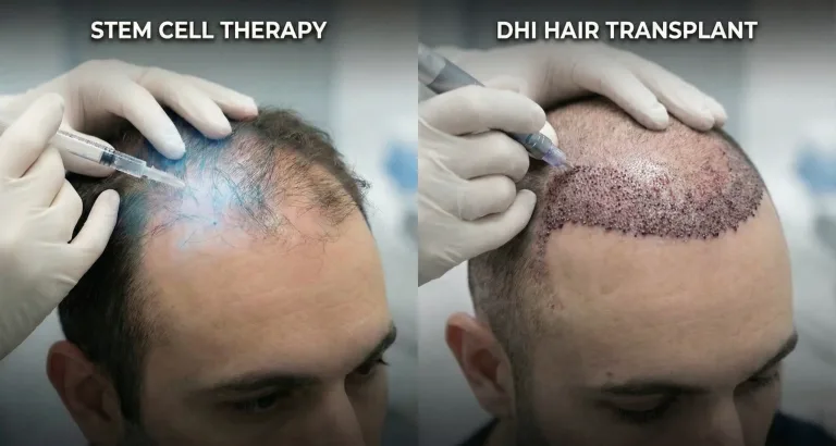 Stem Cell vs Hair Transplant: A detailed visual comparison showing the benefits and drawbacks of each hair restoration option.