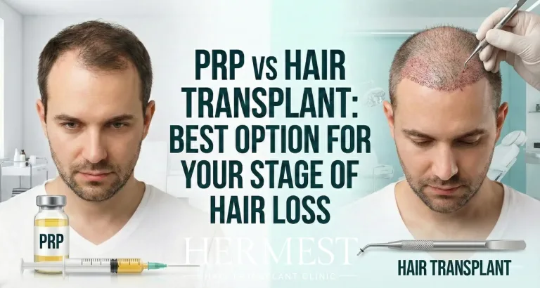 A visual guide to PRP vs hair transplant procedures showing medical tools and patient results for various stages of male pattern baldness.