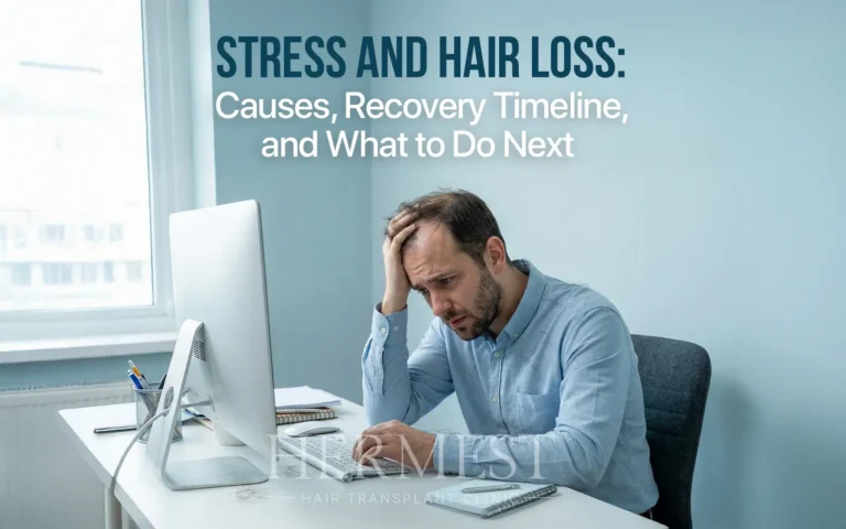 An analytical overview of stress and hair loss, illustrating the visible signs of shedding.