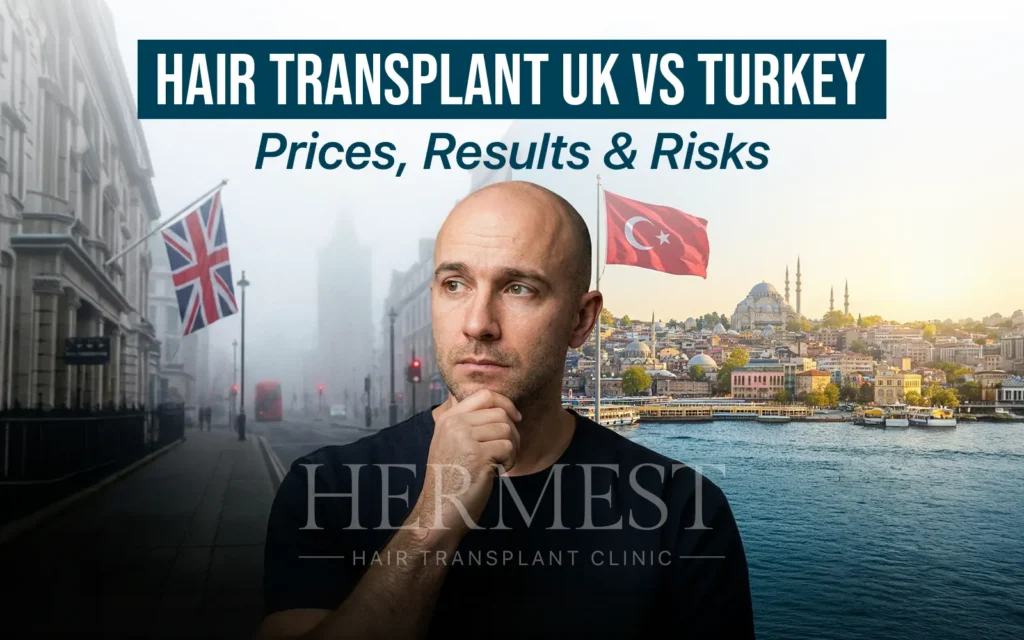Balding man weighing a hair transplant in the UK versus Turkey, with London and Istanbul in the background