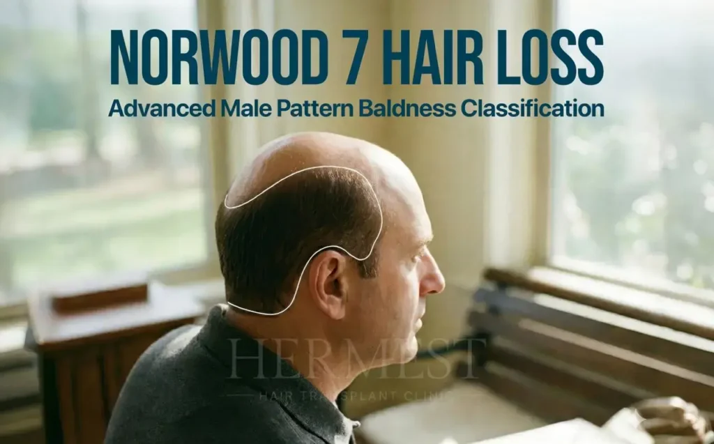 Man in profile with extensive baldness, outlined horseshoe fringe showing Norwood 7 hair loss