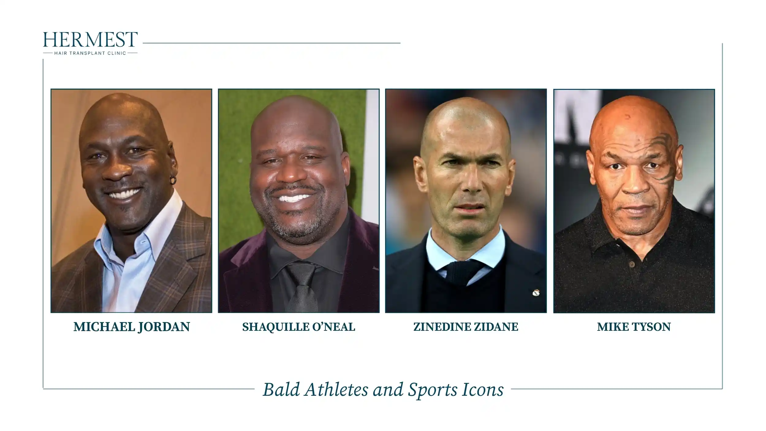 Bald athletes Michael Jordan, Shaquille O'Neal, Zinedine Zidane and Mike Tyson