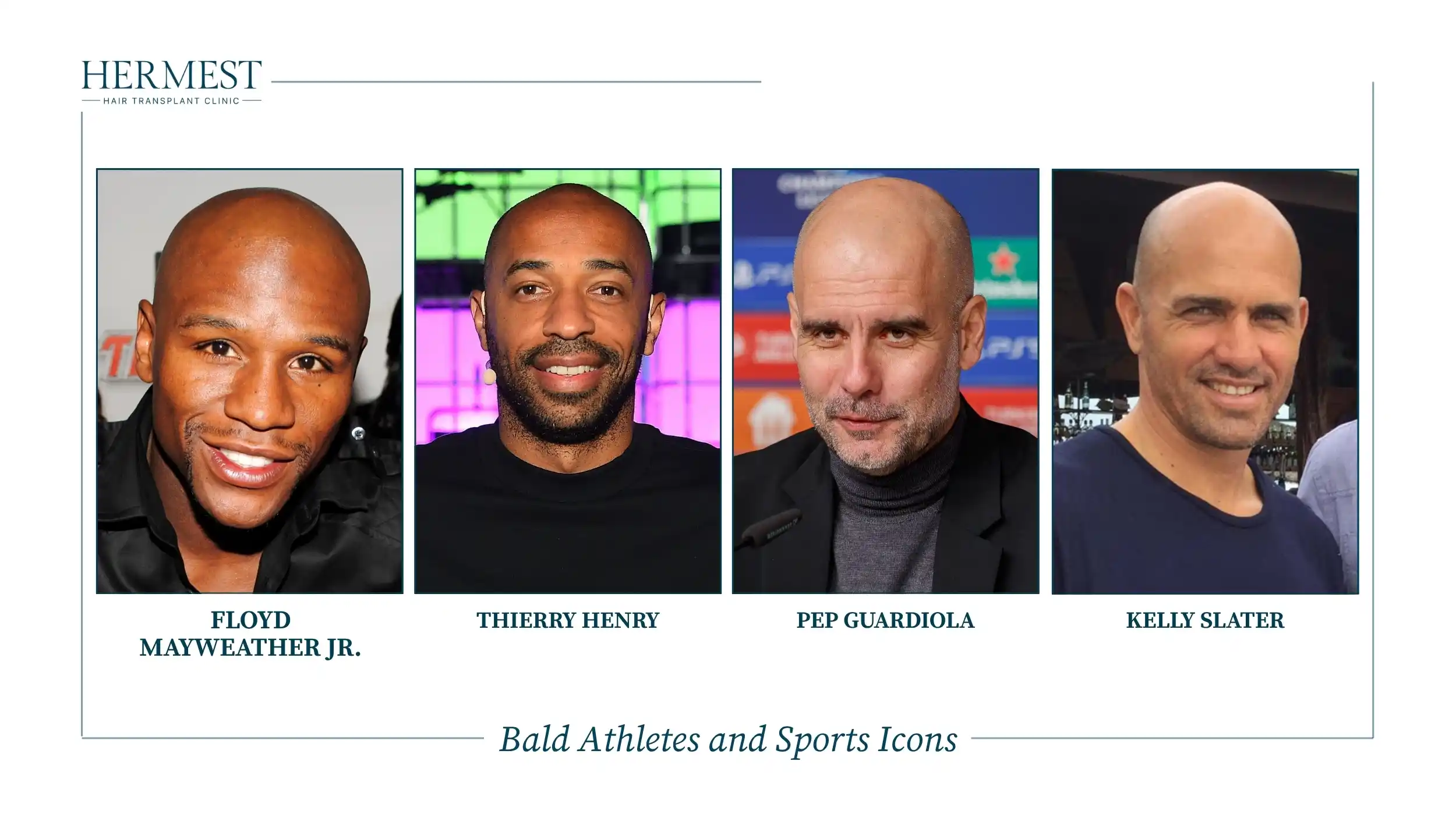 Bald sports icons Floyd Mayweather Jr., Thierry Henry, Pep Guardiola and Kelly Slater