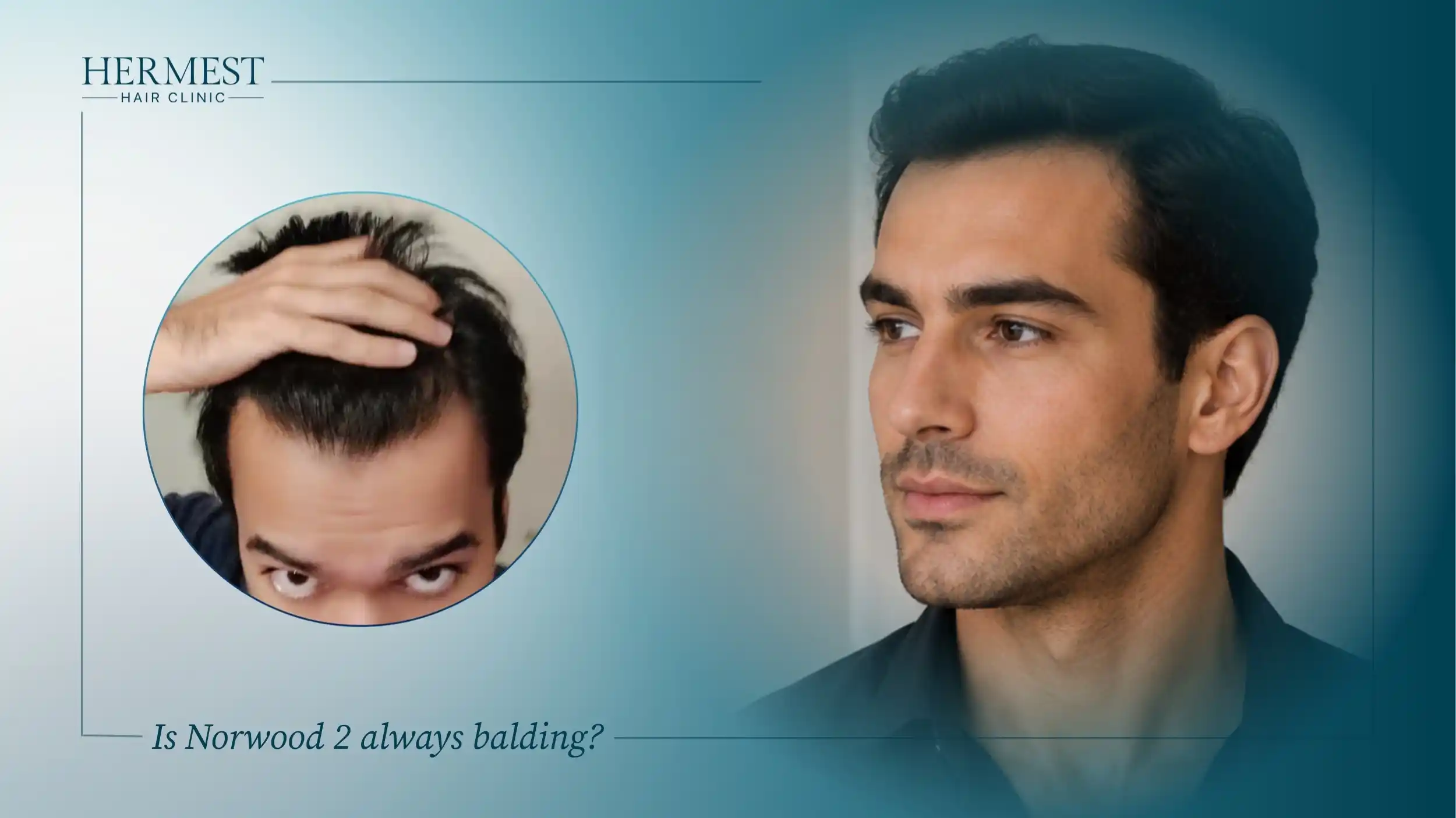 Man lifting his hair to show Norwood 2 temple recession next to a man with a full hairline