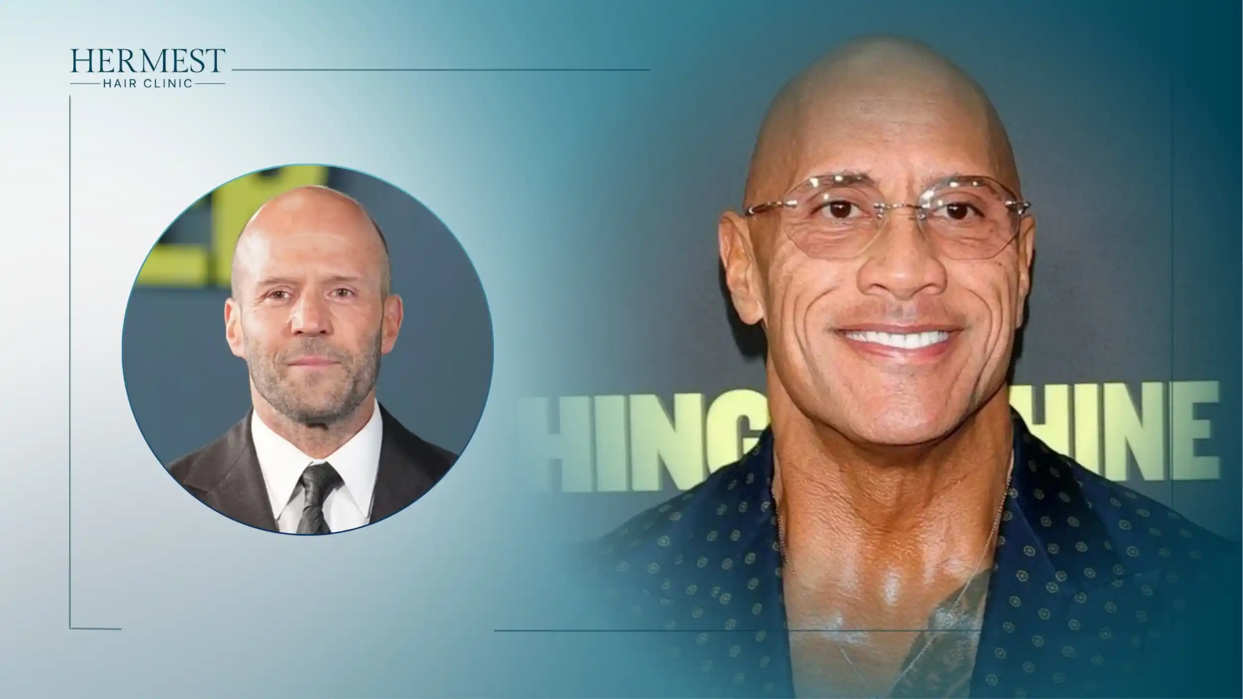 Bald Hollywood actors Jason Statham and Dwayne Johnson smiling at events