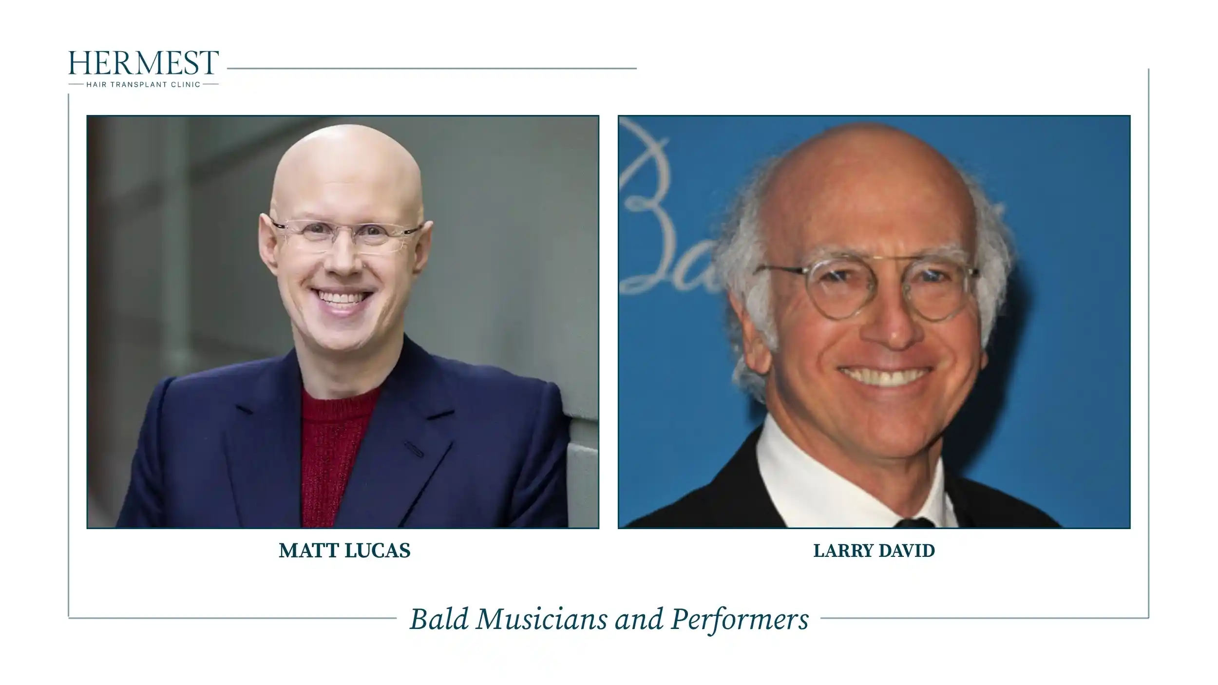 Bald performers Matt Lucas and Larry David smiling