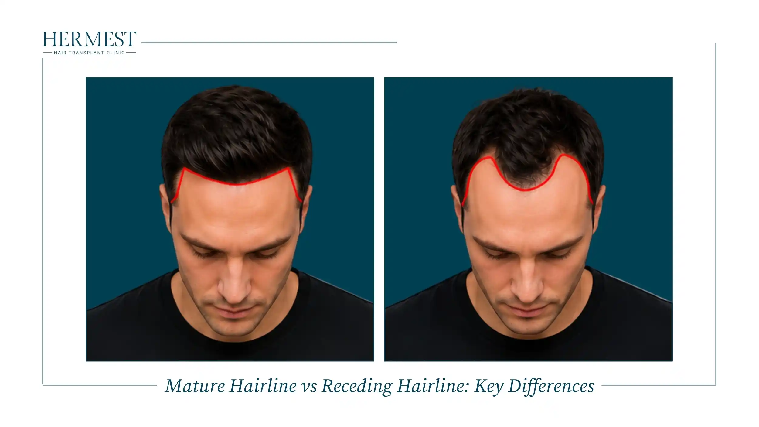 Side-by-side comparison of a straight mature hairline and an M-shaped receding hairline traced in red