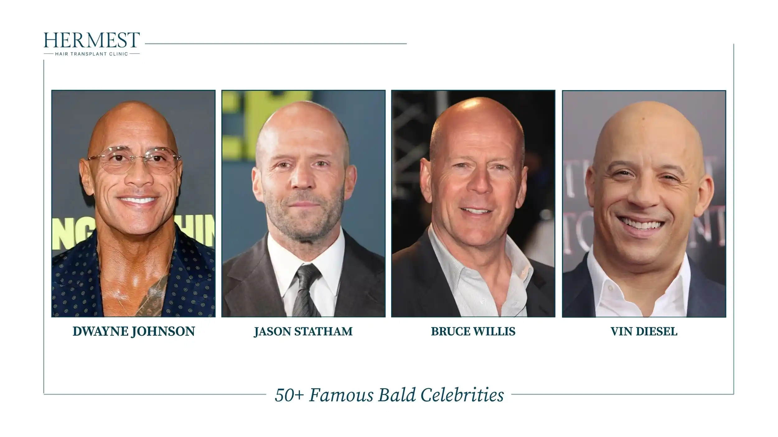 Bald Hollywood actors Dwayne Johnson, Jason Statham, Bruce Willis and Vin Diesel