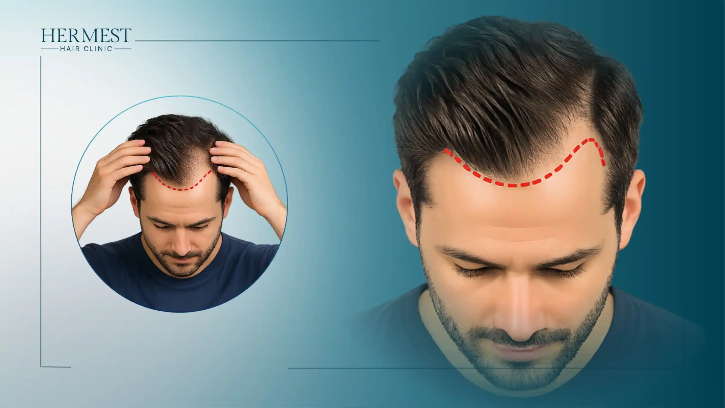 Men with the hairline and temple corners traced in red dashed lines, explaining what a mature hairline is