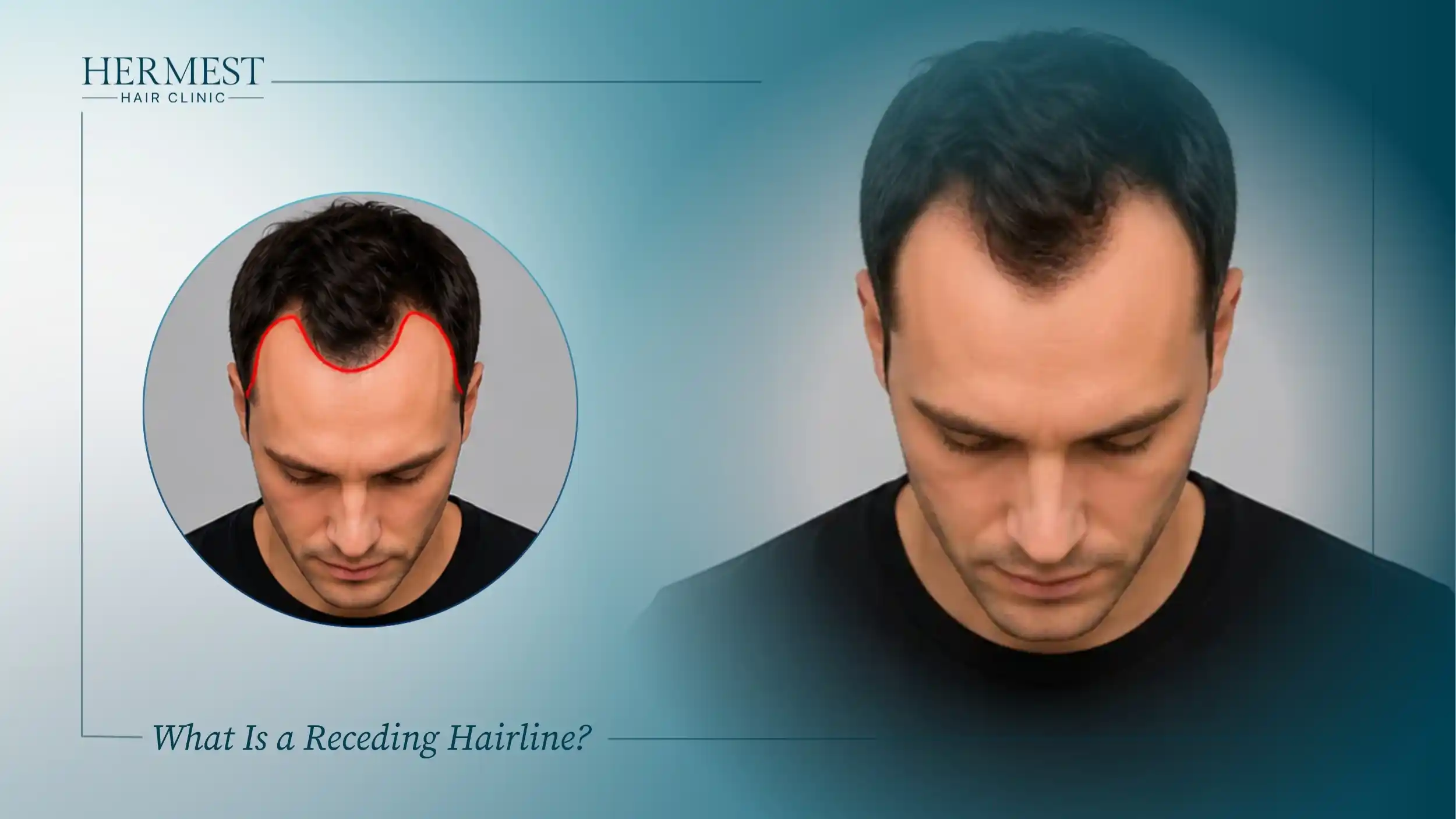 Man with a deep M-shaped receding hairline outlined in red, illustrating what a receding hairline looks like
