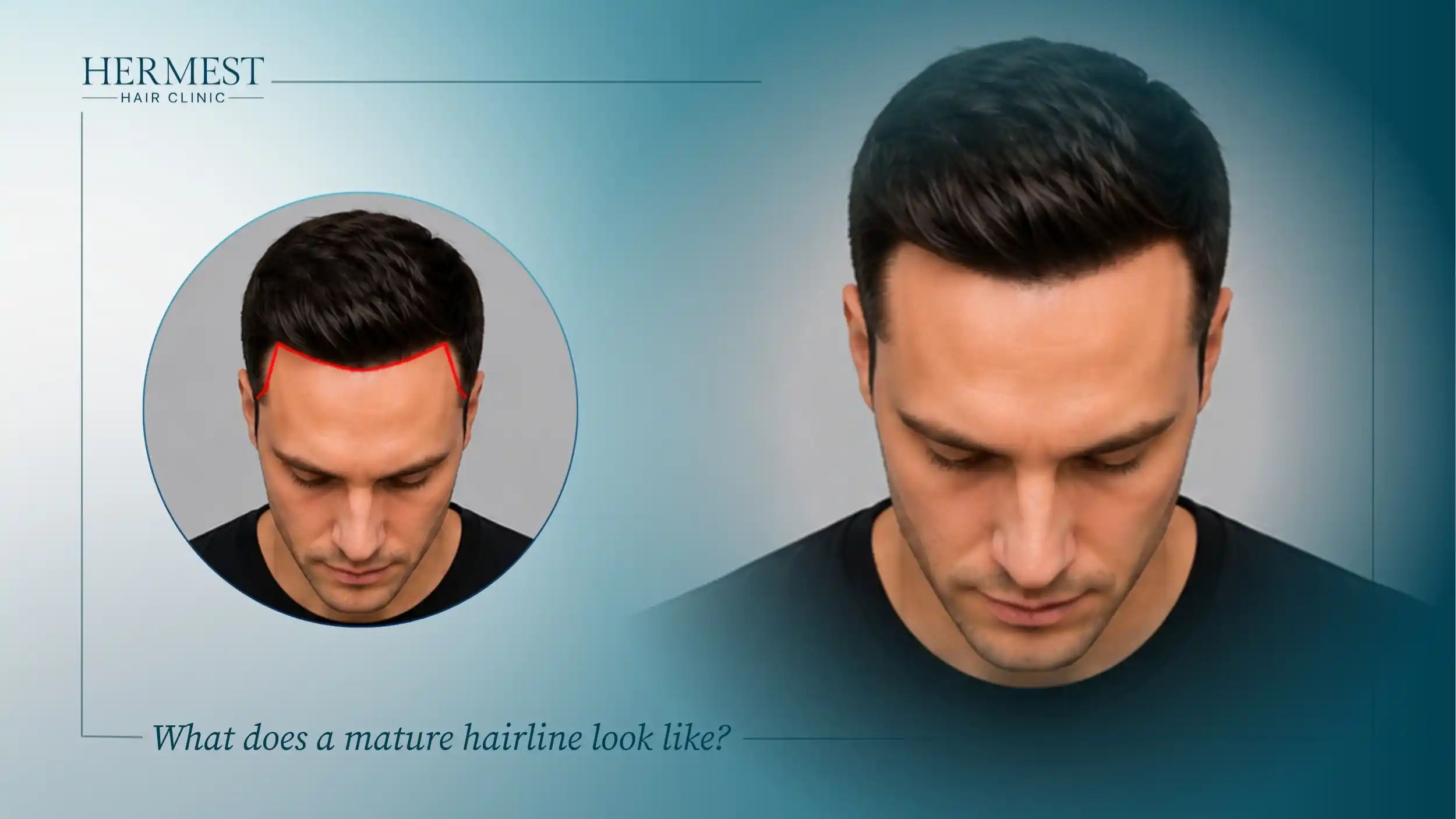 Man with an even, slightly raised mature hairline outlined in red, showing what a mature hairline looks like