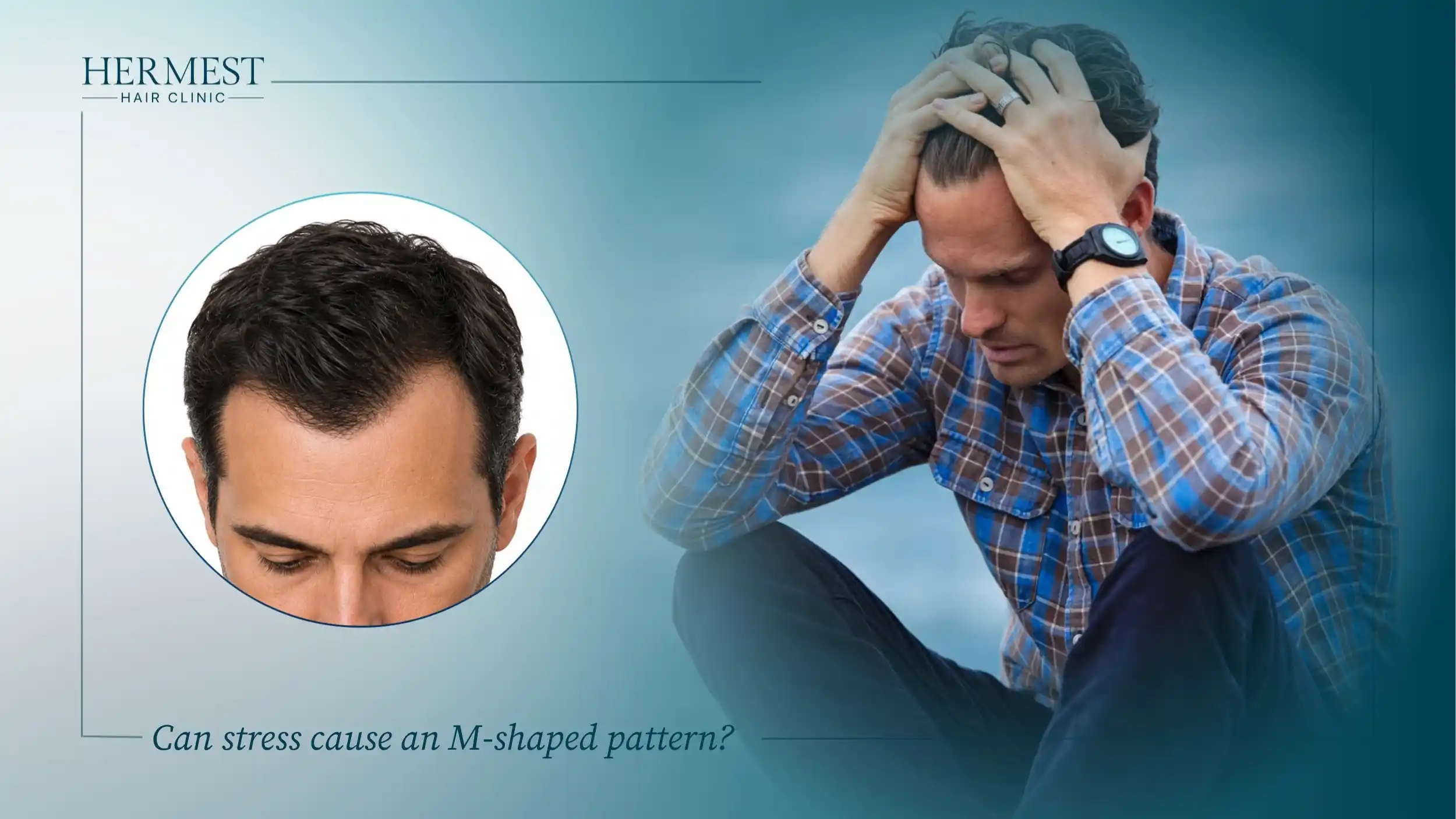 Stressed man holding his head beside a close-up of receding temples, asking if stress causes an M-shaped hairline
