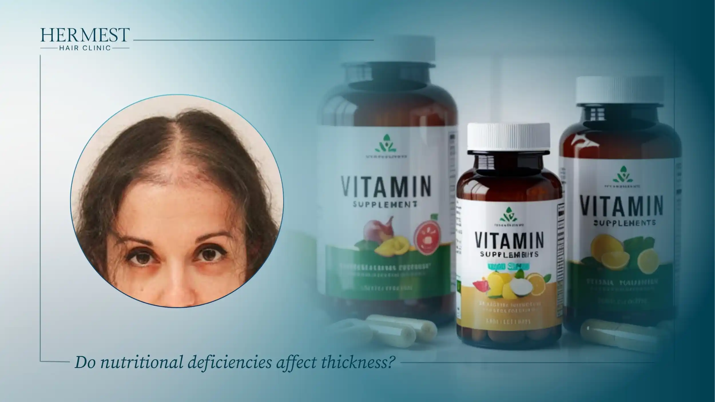 Woman with thinning hair on top next to vitamin supplement bottles, linking nutritional deficiencies to hair thickness