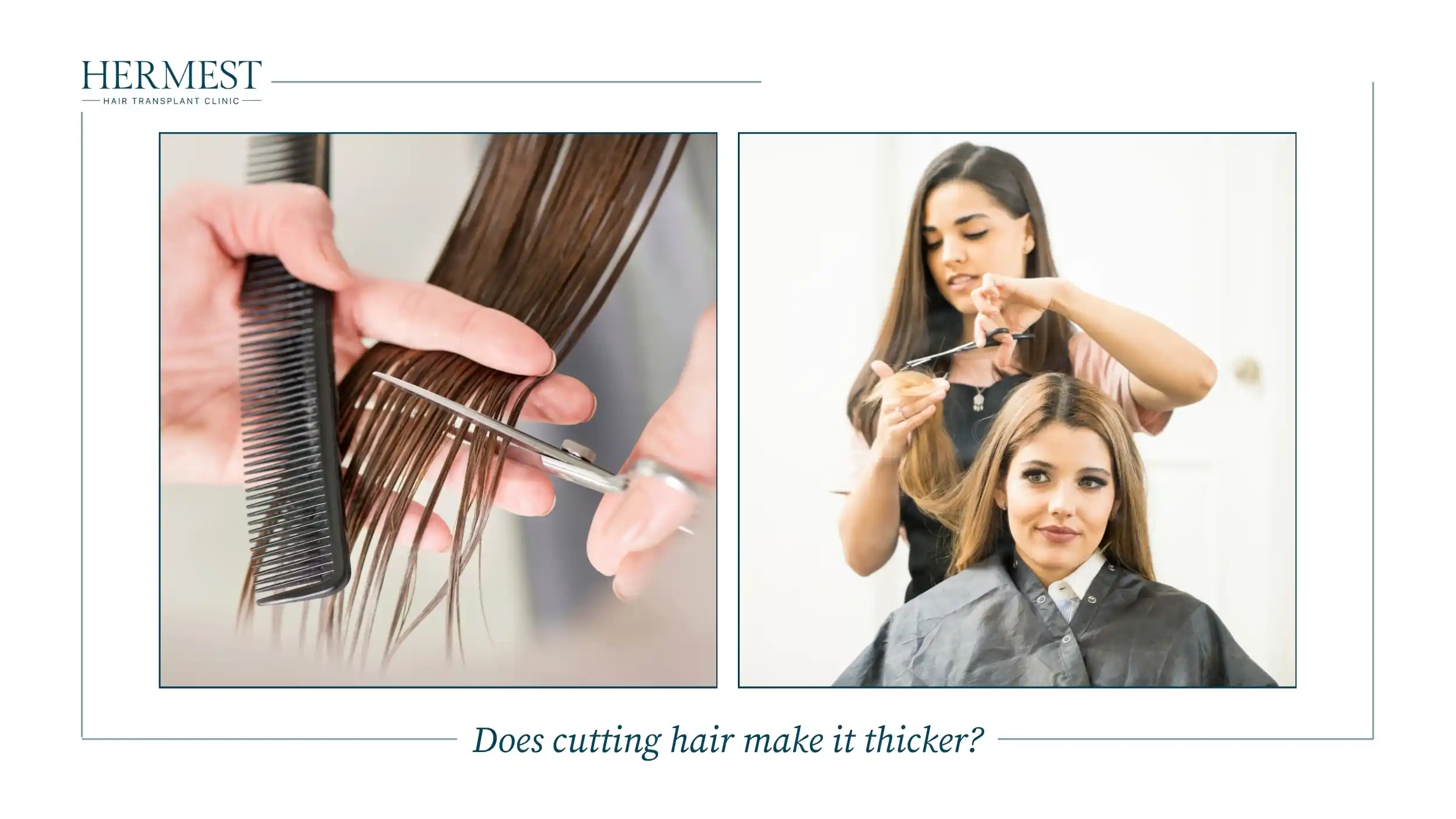 Hairdresser trimming hair ends with scissors and cutting a woman's hair, asking if cutting hair makes it thicker